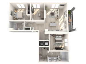 Elegant open-concept floor plan featuring 2 bedrooms, spacious living area, and modern kitchen with balcony access.