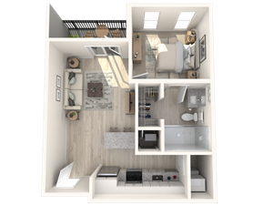 Modern 1-bedroom apartment floor plan featuring an open-concept living area, sleek kitchen, and private balcony.