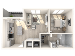Modern apartment floor plan featuring a spacious bedroom, open-concept living area, sleek kitchen with island, and a stylish bathroom.