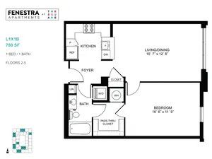 Fenestra Apartments floor plan featuring a spacious 780 sq ft layout with 1 bedroom, 1 bath, and an open living/dining area. Includes a modern kitchen and convenient in-unit washer/dryer.
