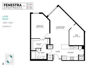 Fenestra Apartments floor plan showcasing a spacious 1 bed, 1 bath unit with a large living/dining area, modern kitchen, den, and ample closet space, covering 965 sq ft.