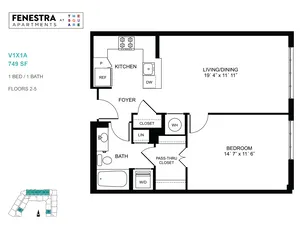 Fenestra Apartments 2D floor plan showcasing a modern 1 bed, 1 bath layout with a spacious living/dining area, efficient kitchen, and convenient pass-thru closet. Ideal for urban living at 749 sq ft.