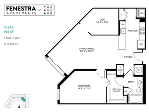 Fenestra Apartments floor plan showcasing a spacious 1 bed, 1 bath layout with a cozy den, open kitchen, and generous living/dining area, totaling 965 sq ft.