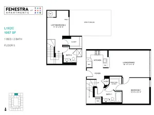 Inviting floor plan of Fenestra Apartments featuring a spacious loft, 1 bedroom, 2 bathrooms, modern kitchen, and open living area on Floor 5 with 1057 sq ft.