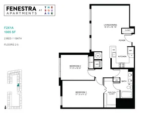 Fenestra Apartments floor plan featuring 1005 sq ft, 2 bedrooms, 1 bath, open living/dining area, modern kitchen, and spacious closets on floors 2-5.
