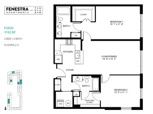 Contemporary Fenestra Apartments floor plan featuring 2 bedrooms, 2 baths, and a spacious open-concept living/dining area within 1132 sq ft; located on floors 2-5.