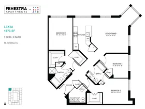 Elegant Fenestra Apartments floor plan featuring 3 spacious bedrooms, 2 modern bathrooms, and an expansive living/dining area with a stylish kitchen, ideal layout for comfortable living.