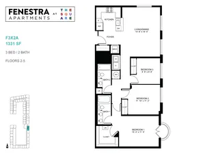 Modern 3-bedroom apartment floor plan at Fenestra Apartments, offering spacious living/dining area and well-designed kitchen, 1331 sq ft.