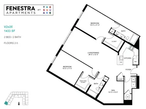Fenestra Apartments floor plan showcasing 1433 SF with 2 bedrooms, 2 bathrooms, a den, and an open-concept living/dining area.