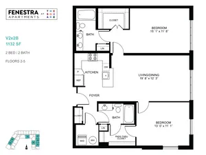 Fenestra Apartments floor plan featuring 2 bedrooms, 2 bathrooms, spacious living/dining area, and modern kitchen in 1132 SF layout, available on floors 2-5.