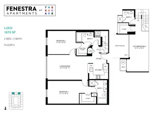 Fenestra Apartments floor plan displaying a spacious two-level 3-bedroom, 3-bathroom layout. Features include an open-concept living/dining area, modern kitchen, and loft with bedroom. Total area of 1670 sq ft on floor 5.