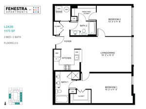 Fenestra Apartments spacious floor plan showcasing 1173 sq ft with 2 bedrooms, 2 baths, and an open living/dining area. Modern kitchen design and ample storage include closets and a pass-thru closet.