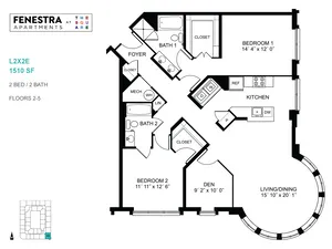 Fenestra Apartments L2X2E floor plan featuring 2 bedrooms, a den, 2 baths, and a spacious living/dining area with an open kitchen, spread over 1510 sq ft on floors 2-5.