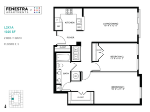 Fenestra Apartments 2D floor plan showcasing 2 bedrooms, 1 bath, and an open living/dining area in 1025 sq ft layout on floors 2 and 5.