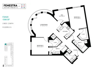 Spacious Fenestra Apartments F2X2D floor plan featuring 2 bedrooms, 2 bathrooms, a modern kitchen, den, and an expansive living/dining area, 1306 sq ft, available on floors 2-5.