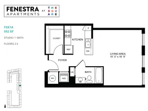Modern Fenestra Apartments studio layout featuring 552 sq ft, open living area, and well-equipped kitchen on floors 2-5.