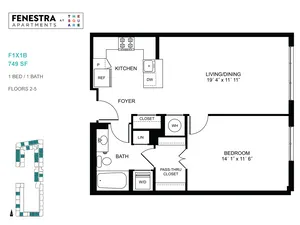 Chic Fenestra Apartments floor plan featuring 1 bedroom, 1 bath, open kitchen, and spacious living/dining area, 749 sq ft.