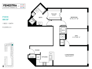 Fenestra Apartments 2D floor plan featuring 1 bedroom, 1 bath, expansive living/dining area, and a versatile den for floors 2-5, 995 sq ft.