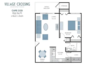Village Crossing Cape Cod floor plan with 1 bedroom, 1 bath, spacious living room, modern kitchen, dining area, and balcony. 835 sq ft of elegant design.