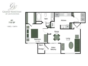 Cozy Grand Venetian floor plan featuring 1 bedroom and 1 bath, spacious kitchen, dining area, and a delightful patio, totaling 710 sq ft.