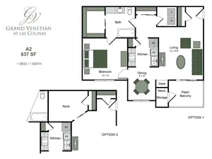 Elegant Grand Venetian floor plan with 1 bedroom, a spacious living area, modern kitchen, and balcony in 837 sq ft.
