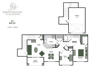Elegant floor plan of Grand Venetian at Las Colinas showcasing 896 sq ft with 1 bedroom, 1 bath, a cozy living space, modern kitchen, and private patio. Includes study and spacious garage.