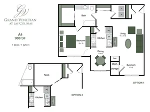Elegant Grand Venetian at Las Colinas floor plan, showcasing a spacious 1 bedroom, 1 bath layout with a contemporary kitchen, cozy living room, and versatile sunroom options for added space, totaling 908 sq ft.