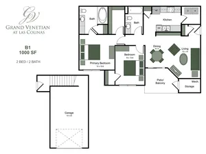 Grand Venetian at Las Colinas spacious 1000 SF floor plan featuring 2 bedrooms, 2 baths, an open kitchen, dining area, inviting living room, and a private patio. Includes a convenient garage space.