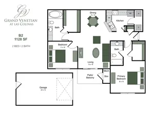 Grand Venetian B2 floor plan with 1128 sq ft, featuring 2 bedrooms, 2 baths, an open kitchen, and spacious living area with access to a balcony, plus a garage.