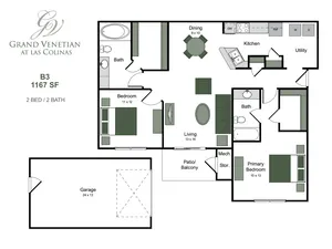 Grand Venetian at Las Colinas floor plan featuring 2 bedrooms, a spacious living area, modern kitchen, and private patio, totaling 1167 sq ft.