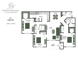 Grand Venetian floor plan detailing 3 bedrooms, spacious living area, modern kitchen, and serene patio. 1390 sq ft of elegant living space.