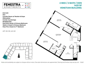 1433 SF 2 bedroom, 2 bathroom apartment with den