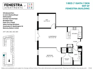 907 SF 1 bedroom, 1 bathroom apartment with den