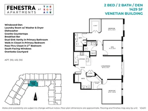 1429 SF 2 bedroom, 2 bathroom apartment with den