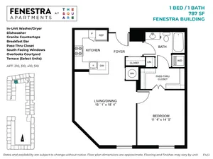787 SF 1 bedroom, 1 bathroom apartment