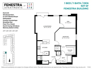 927 SF 1 bedroom, 1 bathroom with den