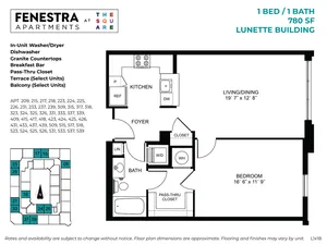 780 SF 1 bedroom, 1 bathroom apartment