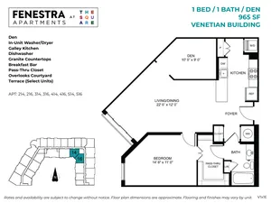 965 SF 1 bedroom, 1 bathroom apartment with den