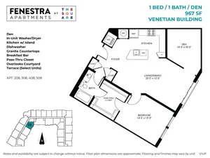 967 SF 1 bedroom, 1 bathroom apartment with den