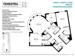 1306 SF 2 bedroom, 2 bathroom with den apartment