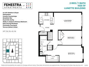1025 SF 2 bedroom, 1 bathroom apartment