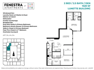 1520 SF 2 bedroom, 2.5 bedroom apartment with den