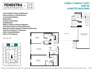 1670 SF 2 bedroom, 3 bathroom loft apartment