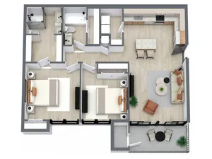 Chic apartment floor plan showcasing 2 cozy bedrooms, a modern open kitchen, spacious living area, and an inviting balcony.