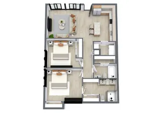 Modern 2-bedroom apartment floor plan featuring an open kitchen, cozy living area, and two sleek bathrooms.