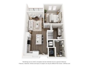 3D floor plan depicting a chic 1-bedroom apartment with an open living area and modern kitchen.