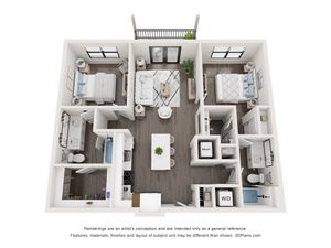 1,046 SF 2-Bed / 2-Bath apartment.