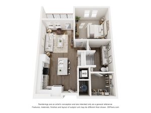 3D floor plan of a stylish one-bedroom apartment with an open-concept living area and modern kitchen.