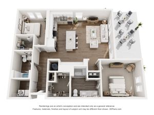 3D floor plan of a 2-bedroom apartment featuring an open-concept kitchen, cozy living room, and spacious outdoor terrace.