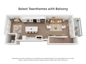 3D floor plan of a modern townhome showcasing an open kitchen, cozy living room, and balcony.